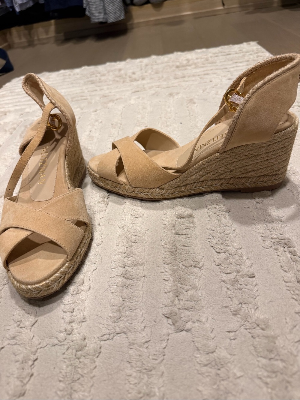 Stuart Weitzman Tan Suede Espadrille Wedge Sandals